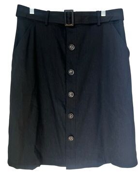Brooks Brothers Black Linen Blend Timeless A-line Belted Career Classic Skirt 14